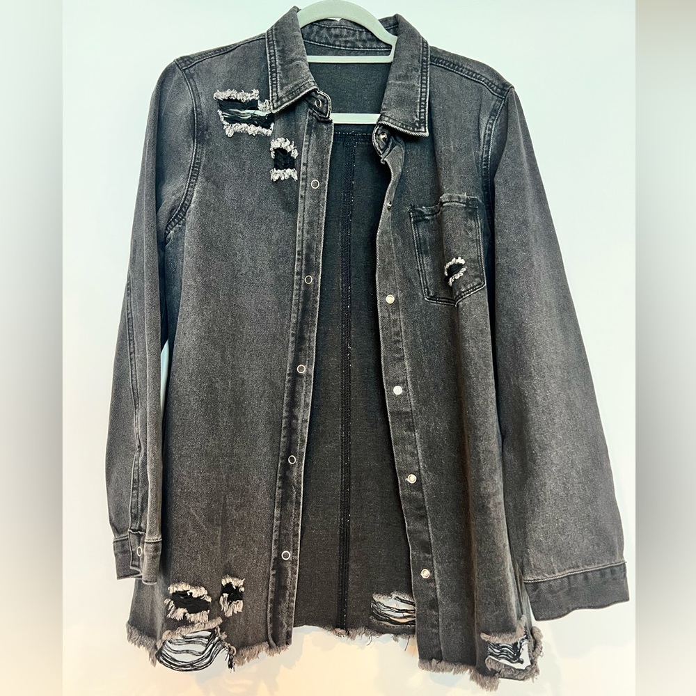 Distressed oversized Black Denim Shacket women’s small